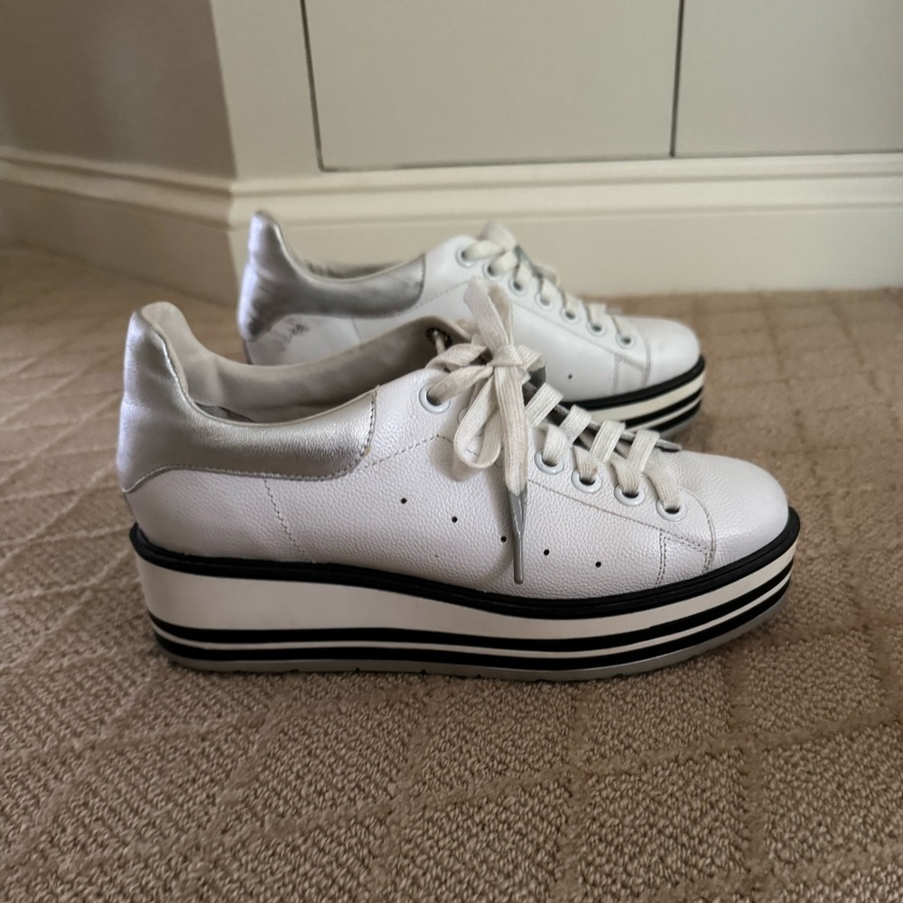 Silent D white platform sneaker with navy and silver trim